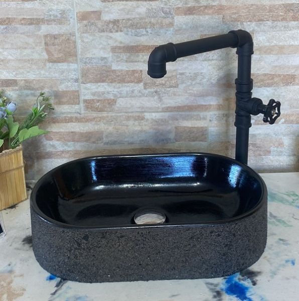 Cuba artesanal oval pedra 41x25x10 cm para banheiro e lavatório - Grife 65