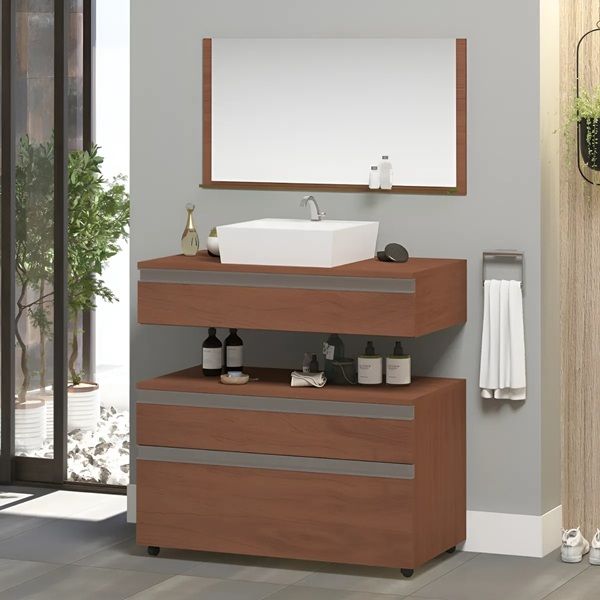 Conjunto Armário Banheiro Safira 80cm + Cuba + Espelheira