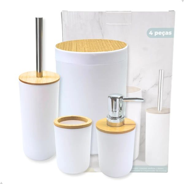 Kit Banheiro Lixeira Porta Escova 4 Peças Tampa Bambu Cores
