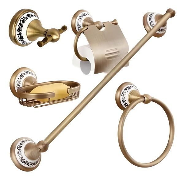 Kit Banheiro 5 Peças Bronze Porcelana Acessórios Retrô Luxo Vintage AQUATAP
