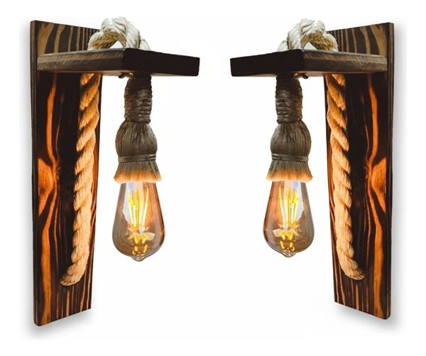 2 Arandelas Parede Luminárias Rusticas Madeira Retrô Vintage 127/220v Escura