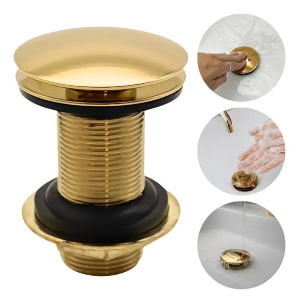 Válvula Click Dourada Ralo Inox 7/8 Gold Brilhante Pia Banheiro Cuba Lavabo