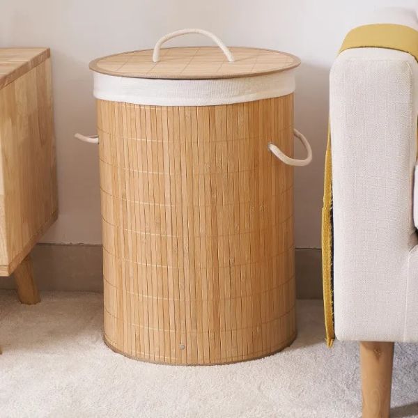 Cesto Bambu Ecológico Roupas Banheiro Lavanderia Multiuso Bege Redondo